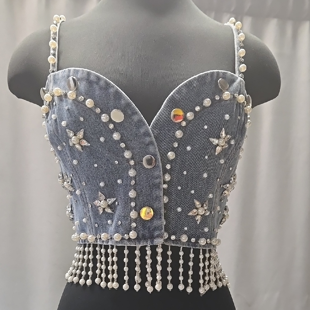 Embellished Denim Crop Top with Pearl Accents
